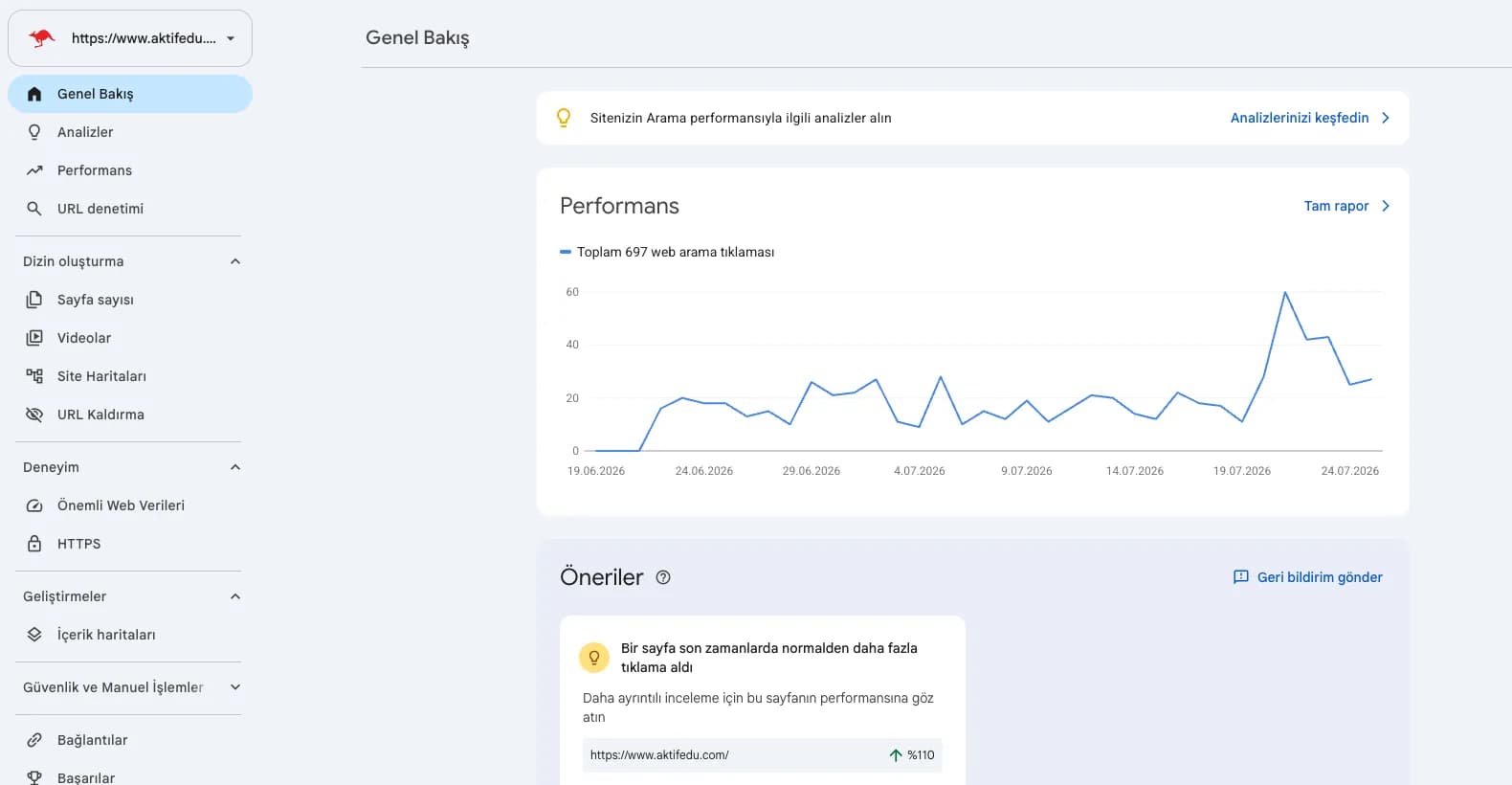 AktifEdu Google Search Console performans görünümü ve erken dönem arama sinyalleri
