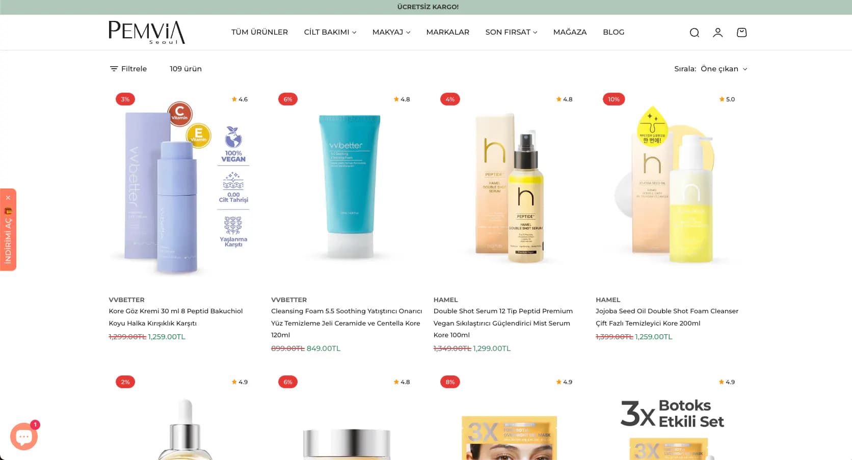 Pemvia Seoul desktop product listing and filtering screen